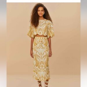 Farm Rio Lace Nature Euroflax linen midi skirt